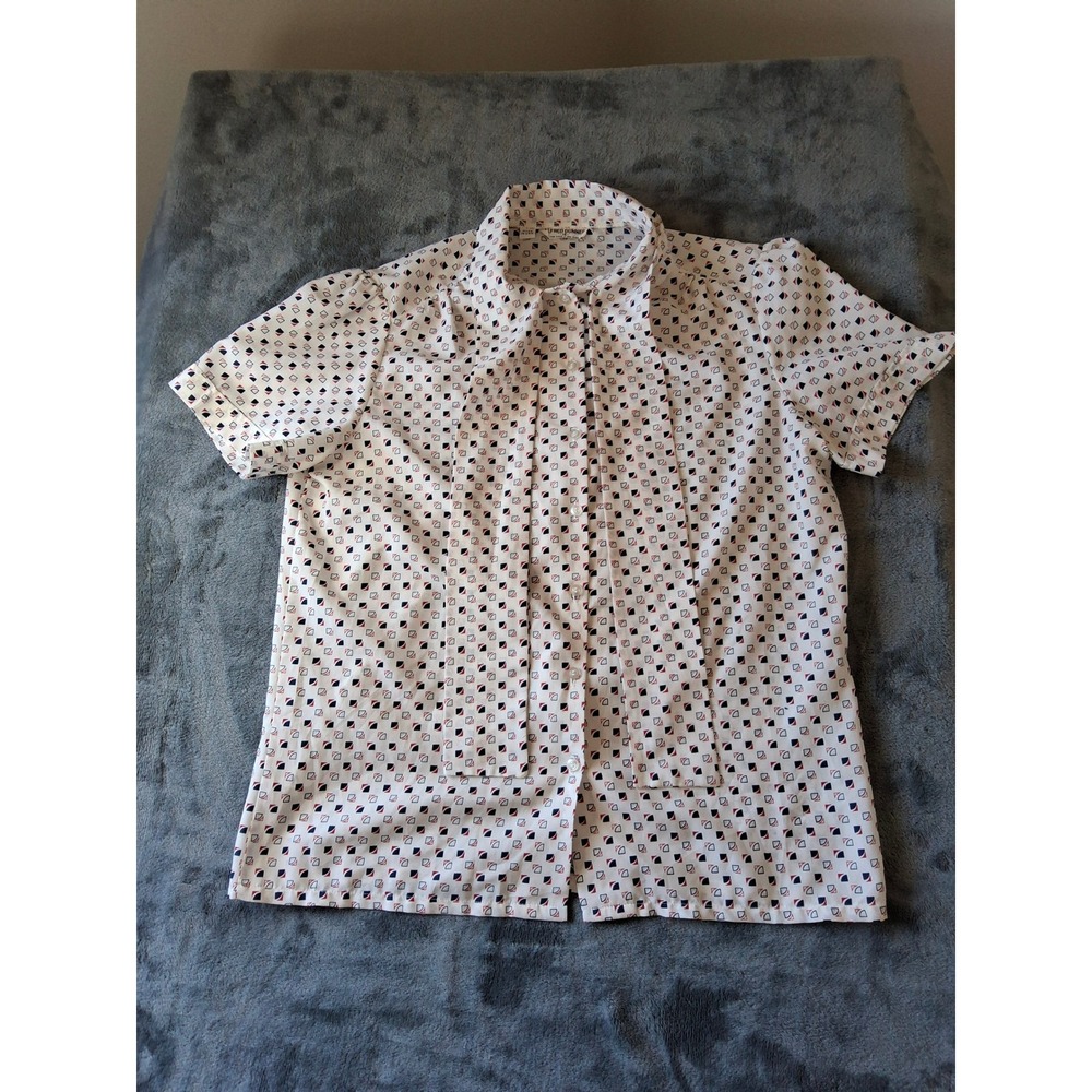 Vintage Alfred Dunner Geometric Tie Neck Blouse White Navy Red Short Sleeve 14